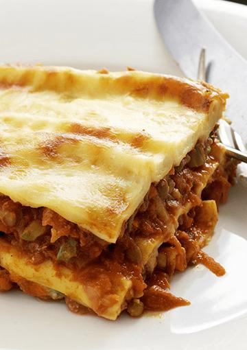 Lentil Lasagne slice on a white plate