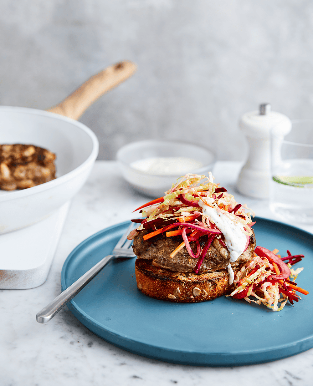 turkey& apple burger on blue plate